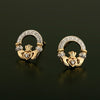 14K Yellow Gold Diamond Claddagh Earrings