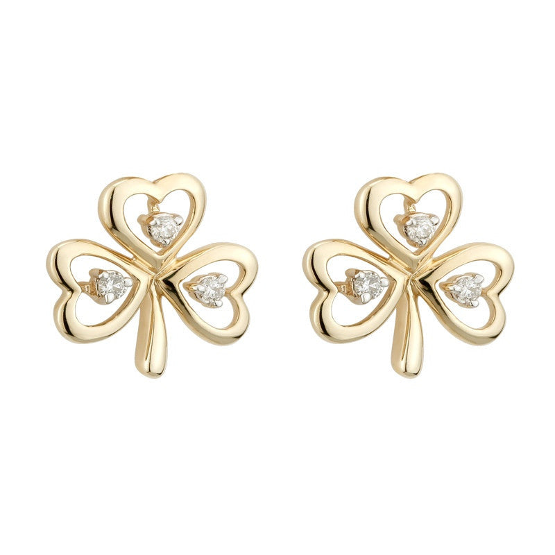 10k Gold Shamrock Stud Earrings Set with Cubic Zirconia Stones