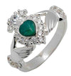 Silver Classic Claddagh Ring Set with Heart Shape Green Agate and Cubic Zirconia