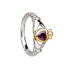 Silver and Yellow Gold Plated Claddagh Heart Ring with Twisted Knot Shank and Amethyst Cubic Zirconia