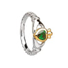Silver and Yellow Gold Plated Claddagh Heart Ring with Twisted Knot Shank and Green Agate